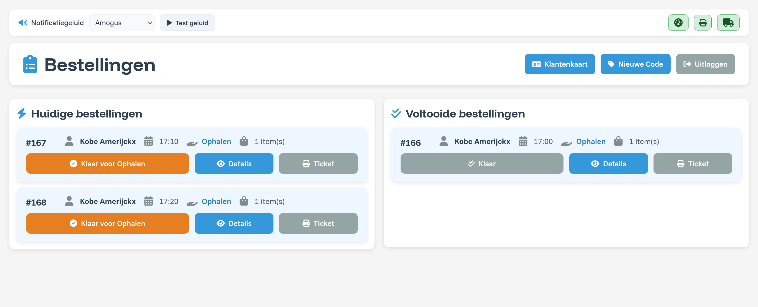 MM Kiosk op tablet — actieve en afgeronde bestellingen, drukte en leveringen