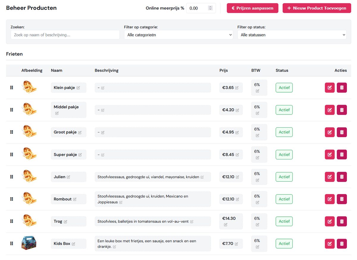 Productenlijst in MM Admin